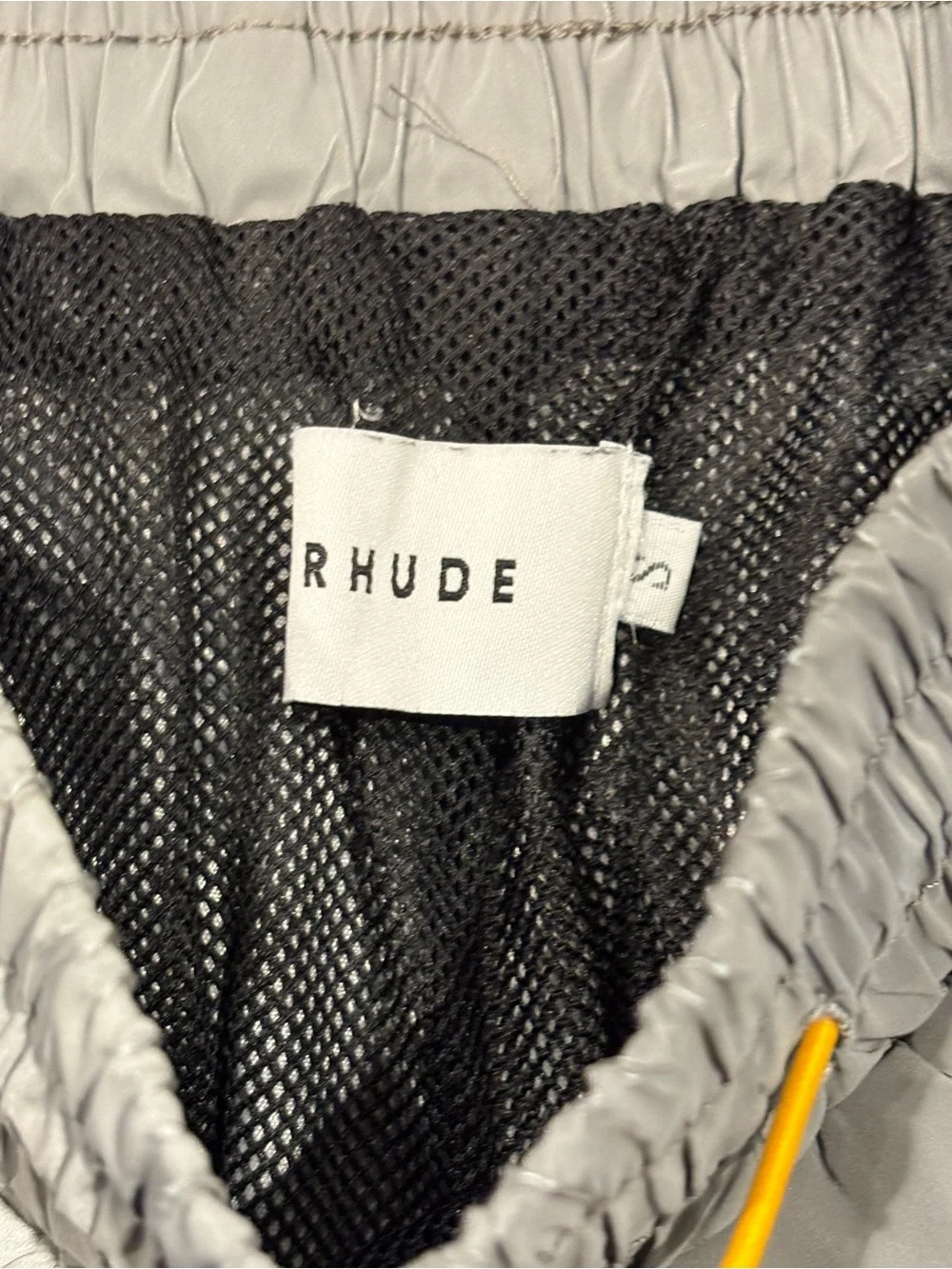 Rhude Men's Gray Logo Swim Shorts with Yellow Drawstring S